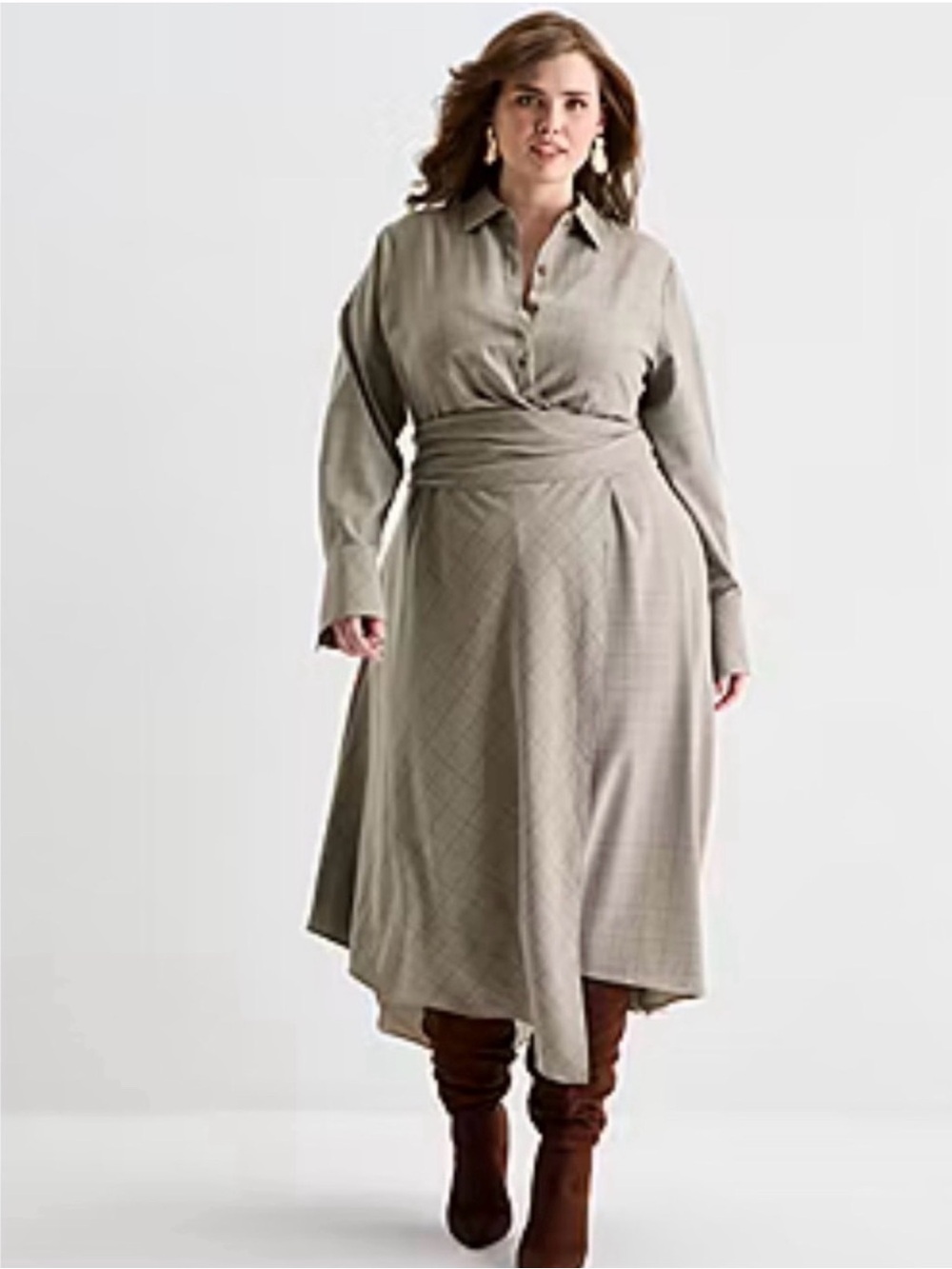 Ashley Graham Taupe Shirt-Waist Midi Dress